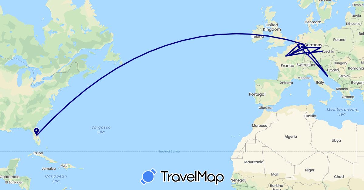 TravelMap itinerary: driving in Belgium, Czech Republic, Germany, France, Croatia, Netherlands, United States (Europe, North America)
